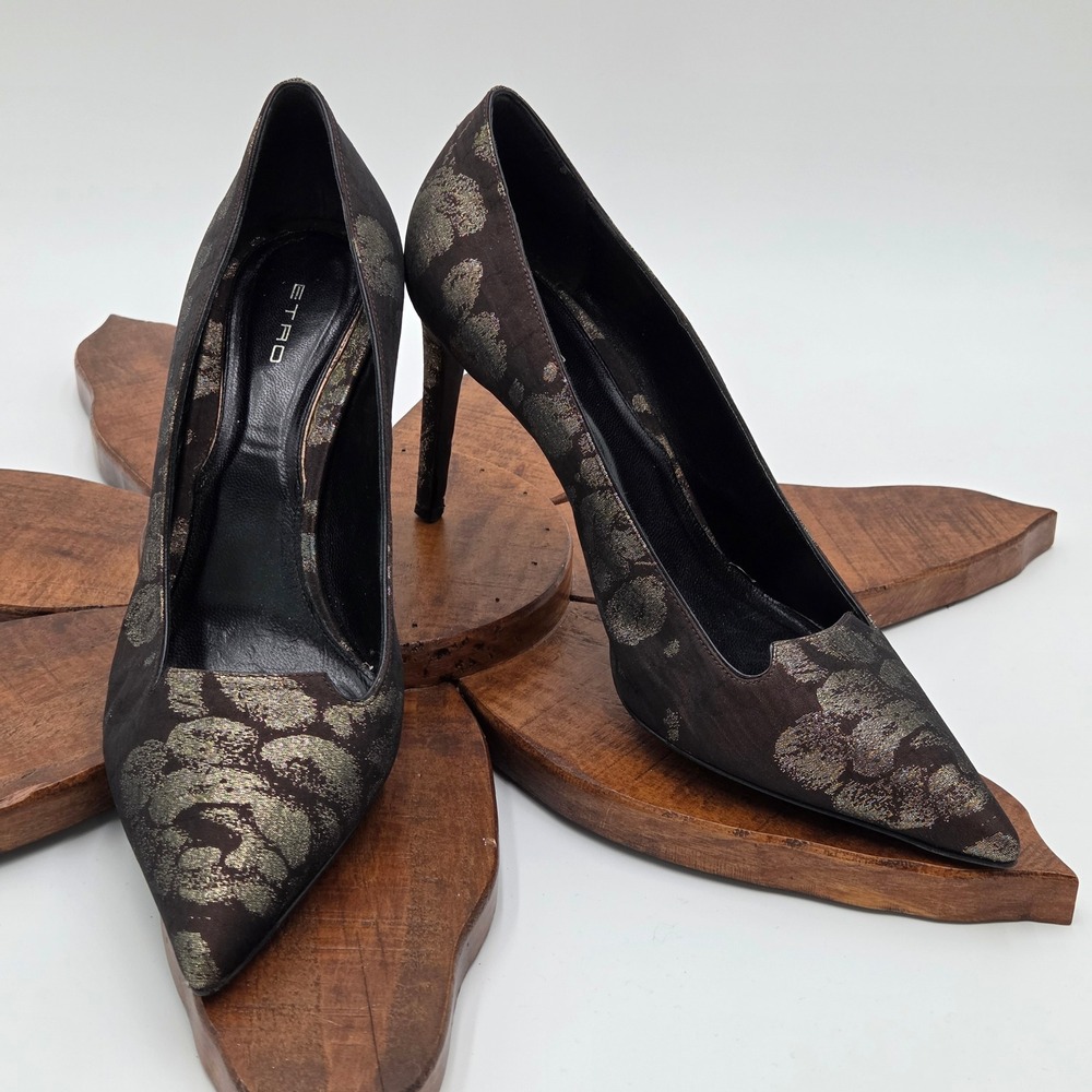 Etro Womens 39 Pointed Toe Pumps Bronze Brown Floral Jacquard Stiletto